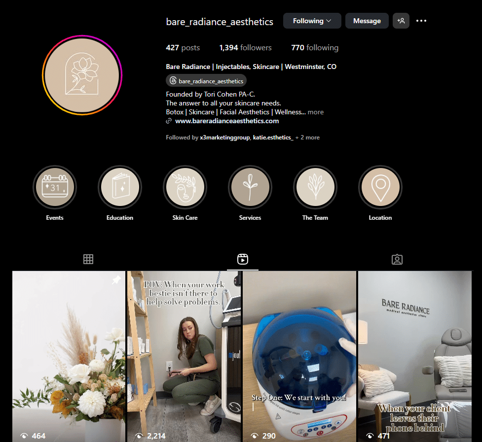 Bare Radiance Aesthetics Instagram profile showcasing aesthetic services, branding elements, and engagement strategies for enhanced online visibility and client interaction.